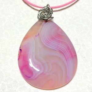 Pink lace agate pendant necklace silver swirl white shape rose handmade jewelry